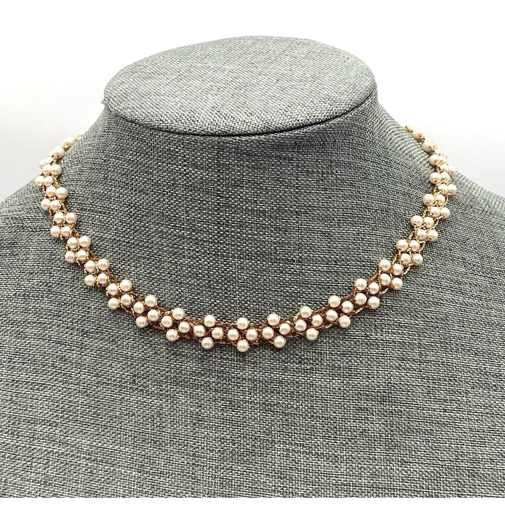 Napier Necklace Faux Pearls Chocker Gold Tone 16” Vintage Estate Fold Over